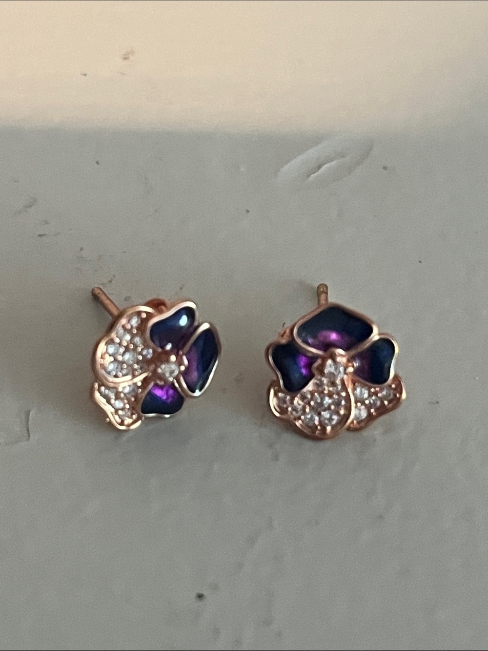 Pandora Rose Gold Flower Stud Earrings with Purple Accents